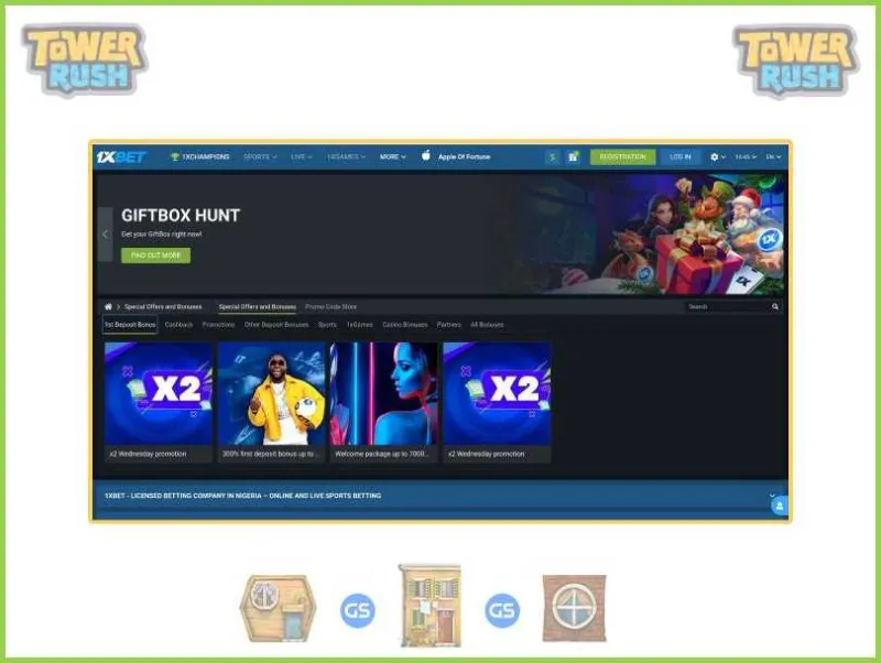 1xBetの「Tower Rush」プレイヤー向けの特別な特典とボーナス