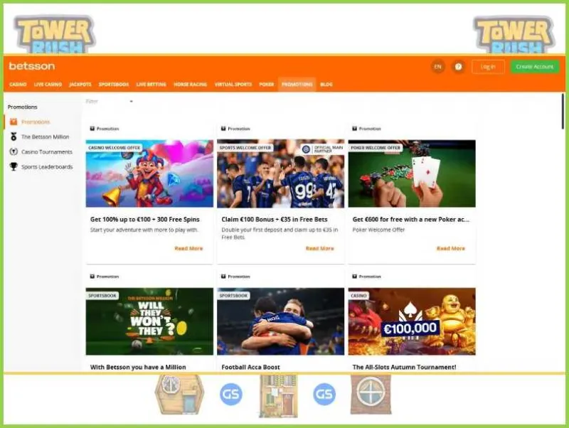 Betsson의 Tower Rush 플레이어를 위한 매력적인 보상 및 독점 보너스