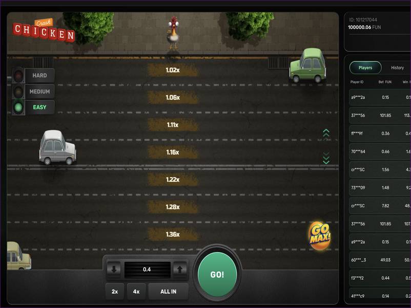 Stakes, limits and parameters of Chicken Crash game