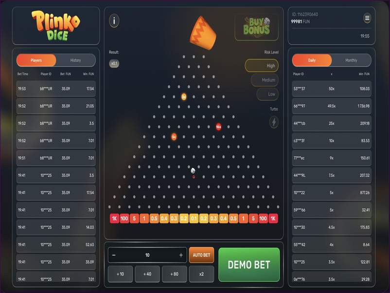 Key parameters of Plinko Dice game